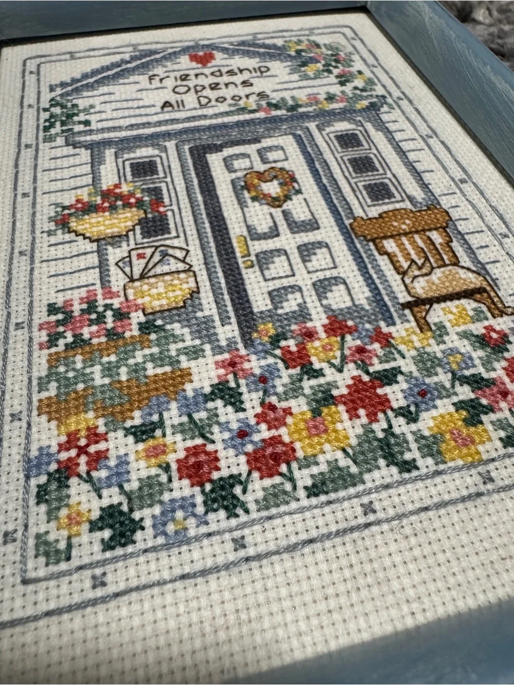 Vintage Framed Cross Stitch “Friendship Opens All Doors” Cottage Wall Art